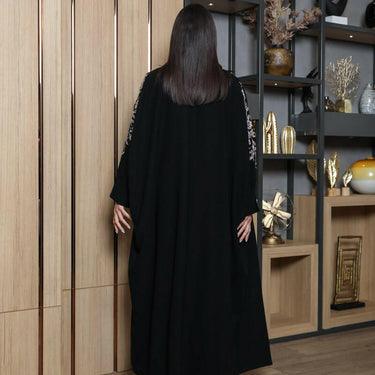 عبايه فري سايز كريب اسود مع شك روز جولد